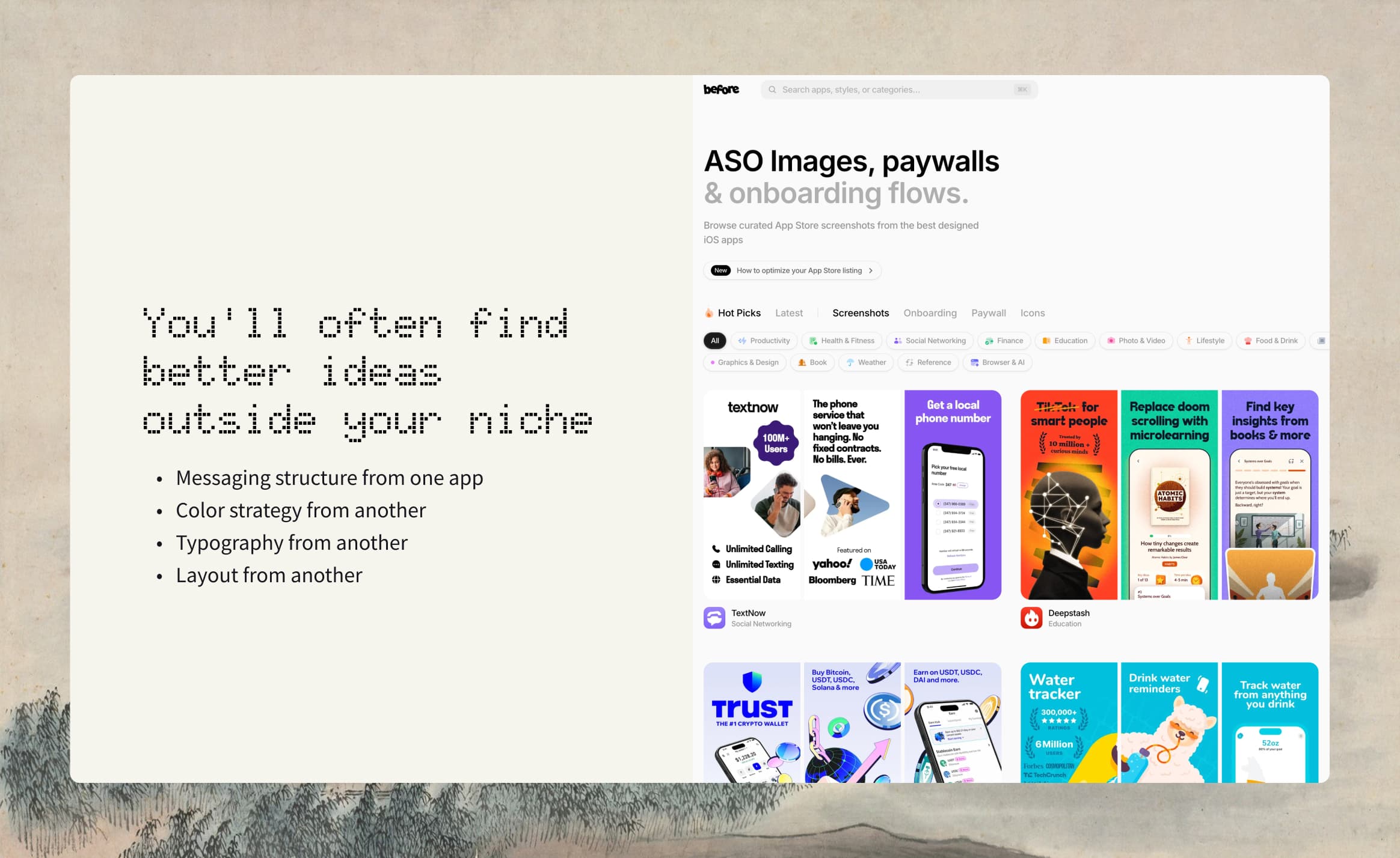 Screenshot audit comparing message, visual contrast, and visible product proof.