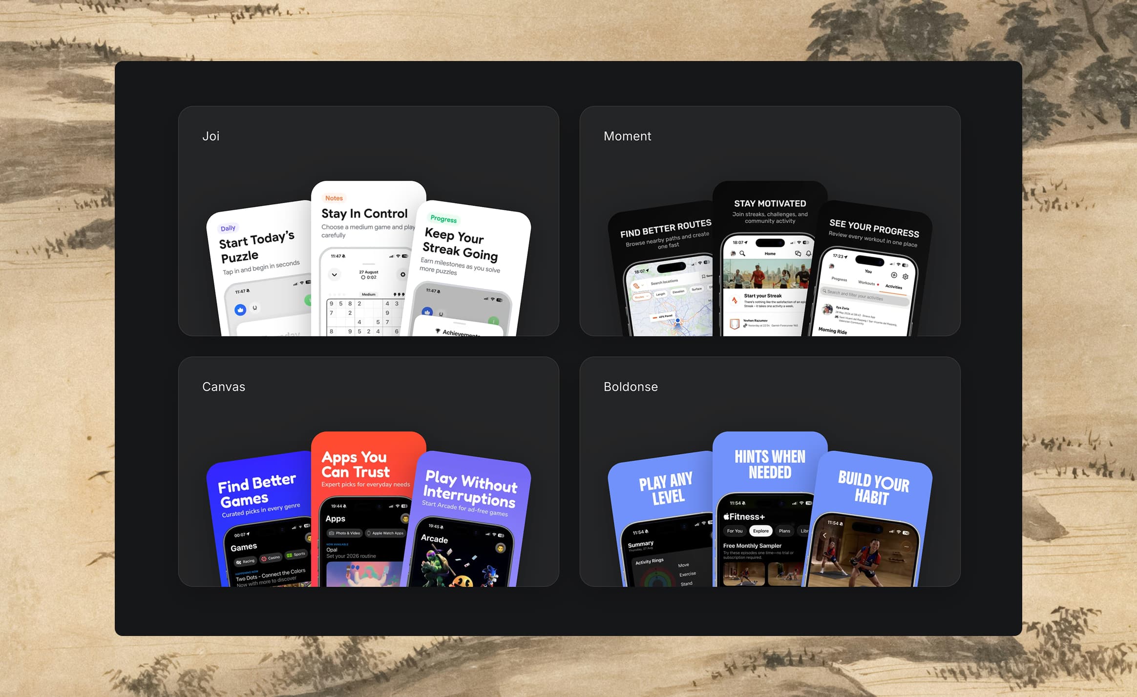 Three consistent App Store screenshot templates for an opening promise, feature detail, and closing card.