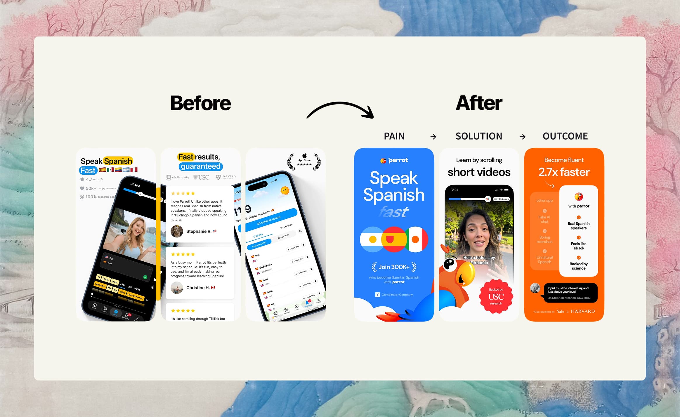 Three-part App Store screenshot story moving from user pain to product solution to outcome.