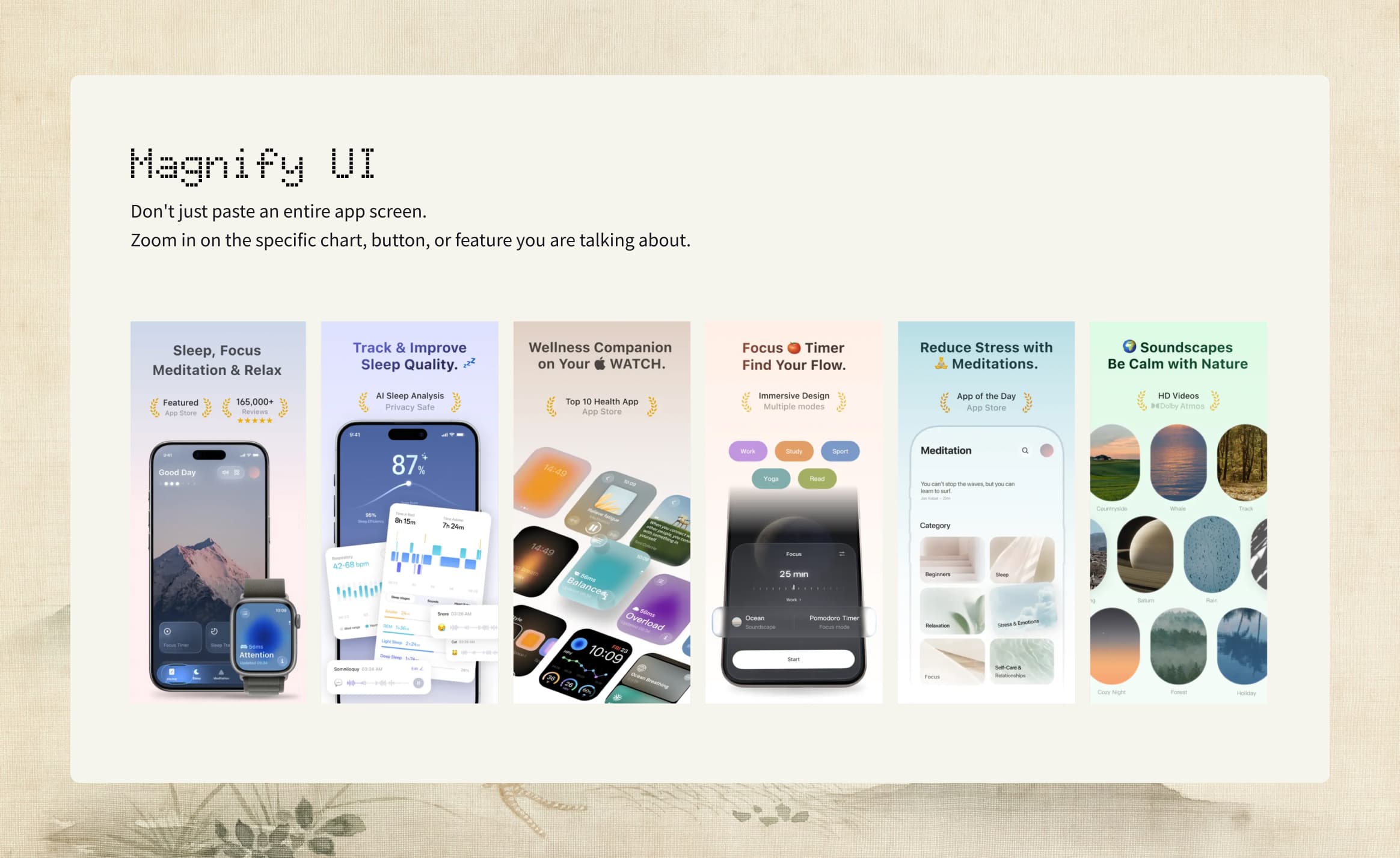 Comparison of a small unreadable dashboard and a focused magnified product detail.