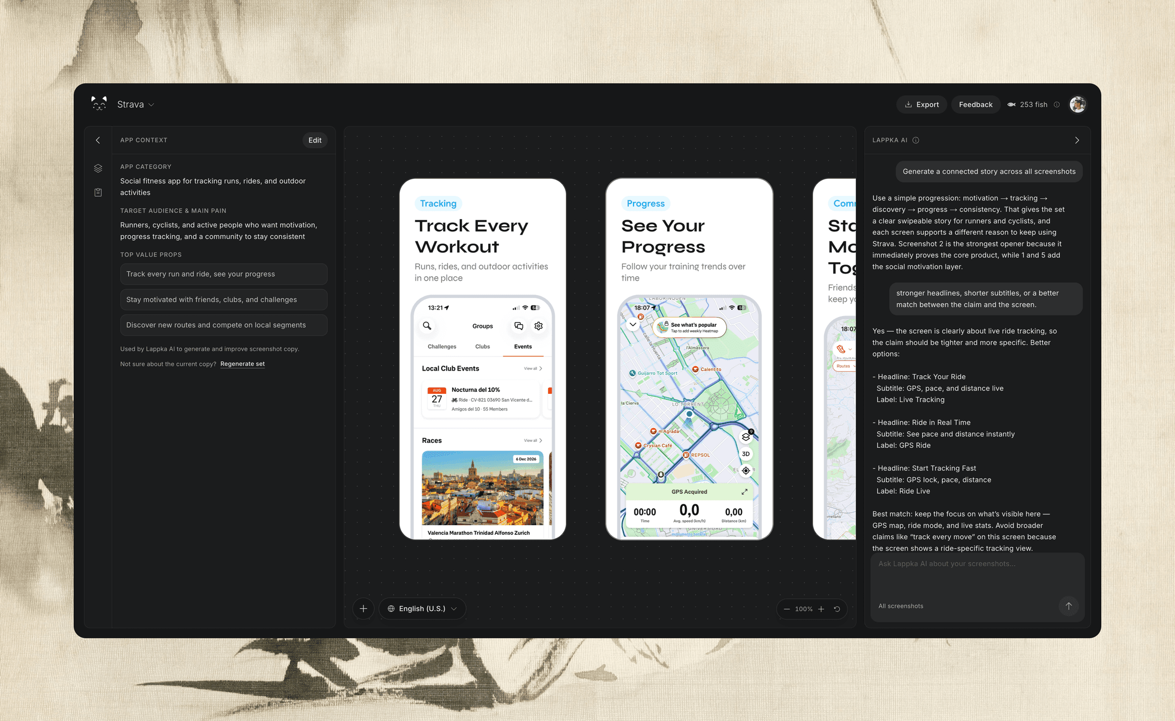 Lappka AI matching screenshot copy and story roles to uploaded app screens.