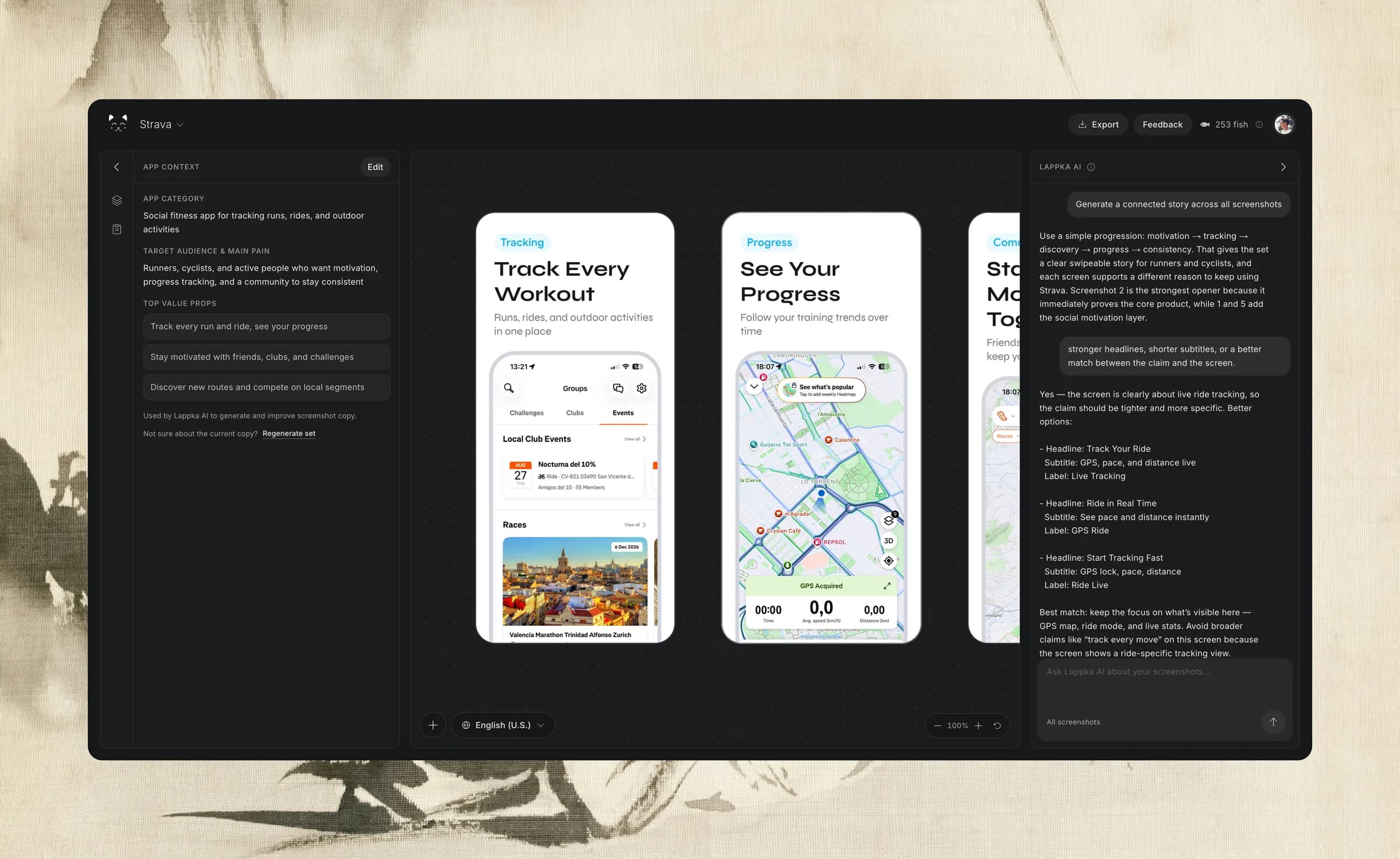 Lappka AI planning and improving an App Store screenshot story
